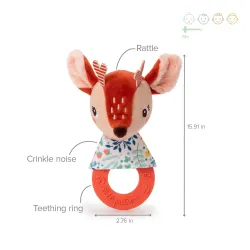 Hochet en peluche avec fonction anneau de dentition, peluche Stella le faon