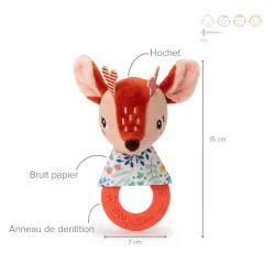 Hochet en peluche avec fonction anneau de dentition, peluche Stella le faon