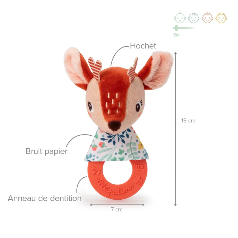 Hochet en peluche avec fonction anneau de dentition, peluche Stella le faon