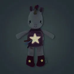 Lena l'unicorno, libro di peluche e tessuto fosforescente