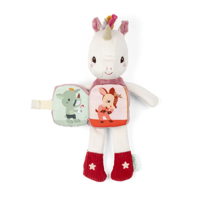 Lena l'unicorno, libro di peluche e tessuto fosforescente