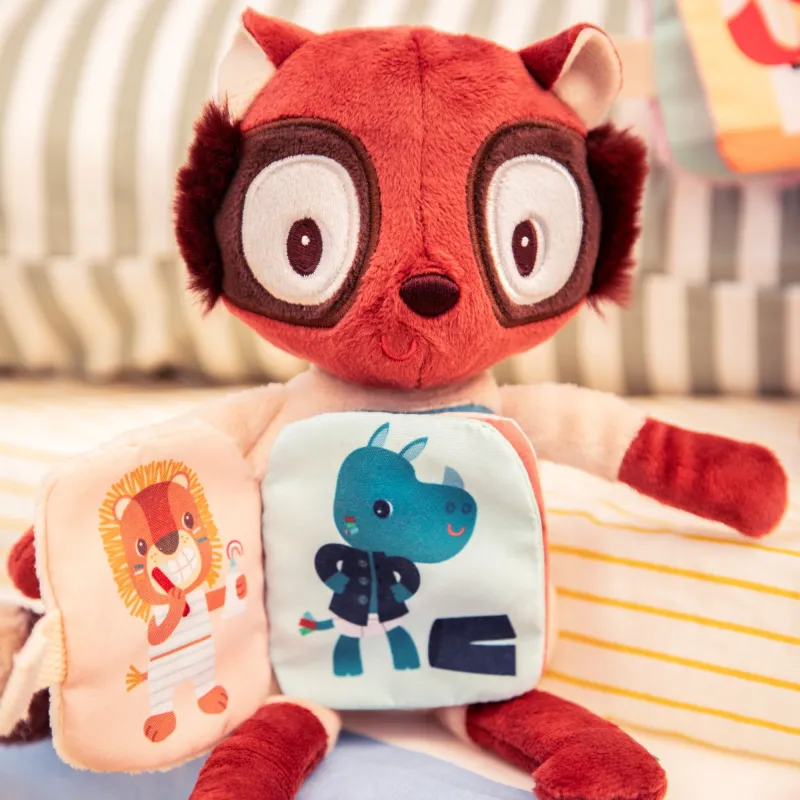 Peluche phosphorescente et livre en tissu Elvis le lémurien