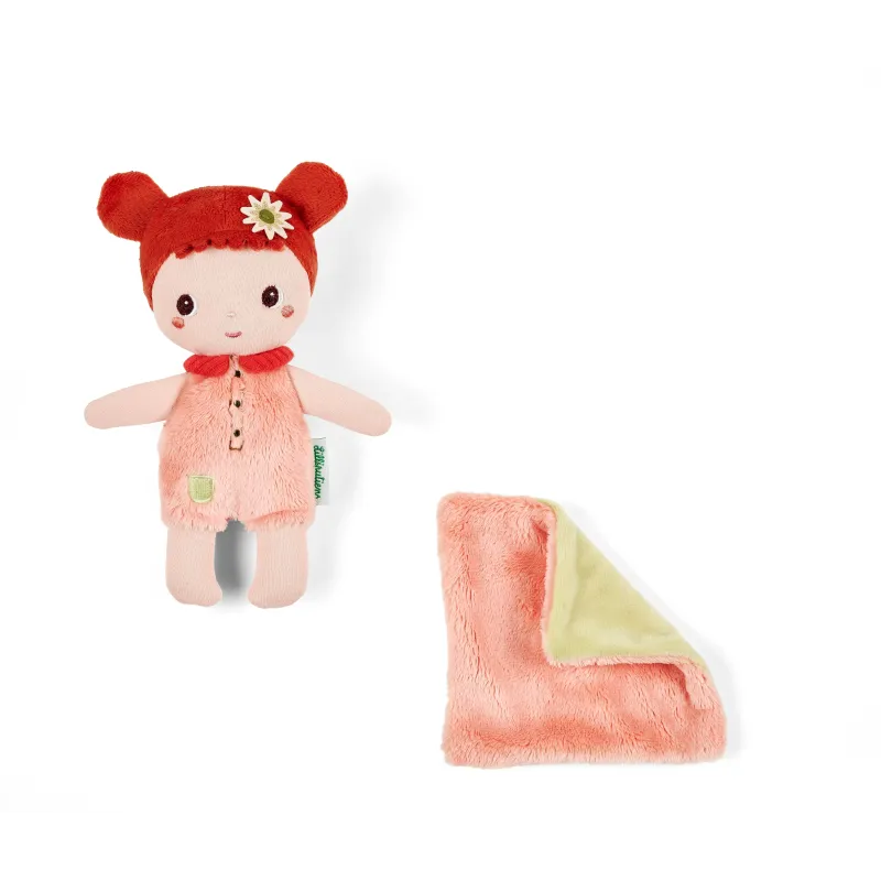 Mini Bébé Jil 18 cm | Stoffen pop met roze bedje