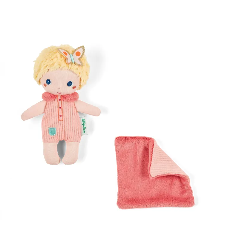 Mini Bébé Jade 18 cm | Stoffen pop met roze bedje