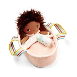 Babypop Bébé Misha 21 cm met roze poppenmand en flesje | Vanaf 12 maanden