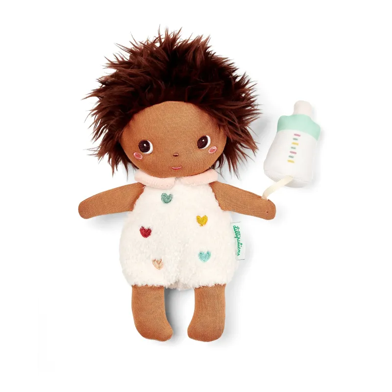 Babypop Bébé Misha 21 cm met roze poppenmand en flesje | Vanaf 12 maanden