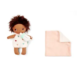 Babypop Bébé Misha 21 cm met roze poppenmand en flesje | Vanaf 12 maanden