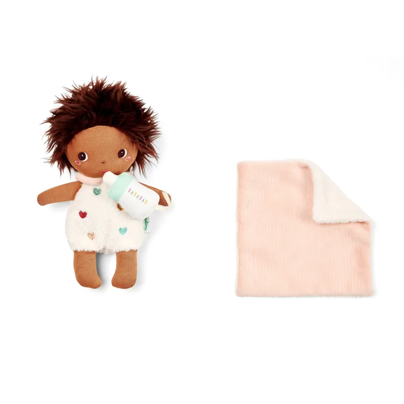 Babypop Bébé Misha 21 cm met roze poppenmand en flesje | Vanaf 12 maanden