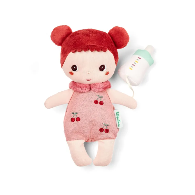 Baby Mio pop 21 cm met roze poppenmand en flesje | Vanaf 12 maanden