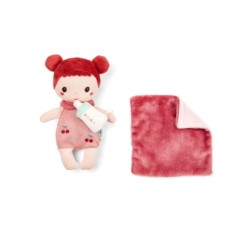 Baby Mio pop 21 cm met roze poppenmand en flesje | Vanaf 12 maanden