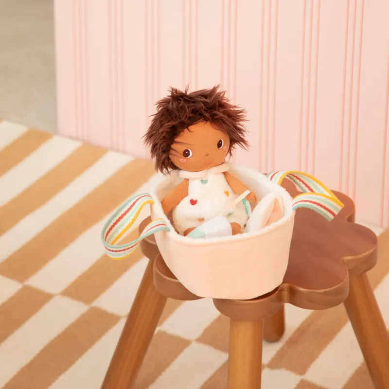 Babypop Bébé Misha 21 cm met roze poppenmand en flesje | Vanaf 12 maanden