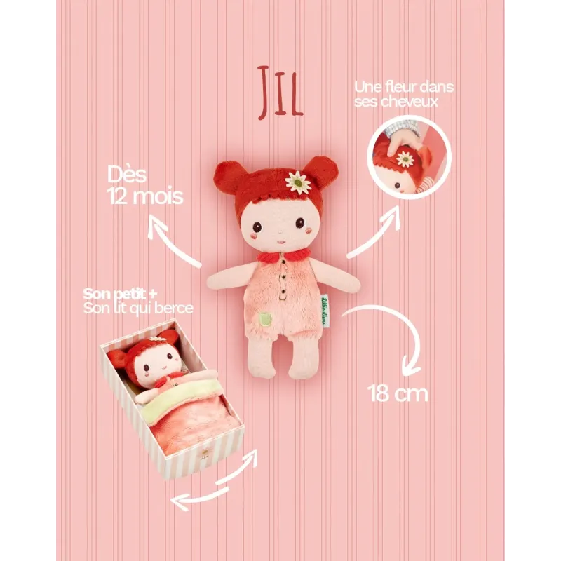 Mini Bébé Jil 18 cm | Stoffen pop met roze bedje