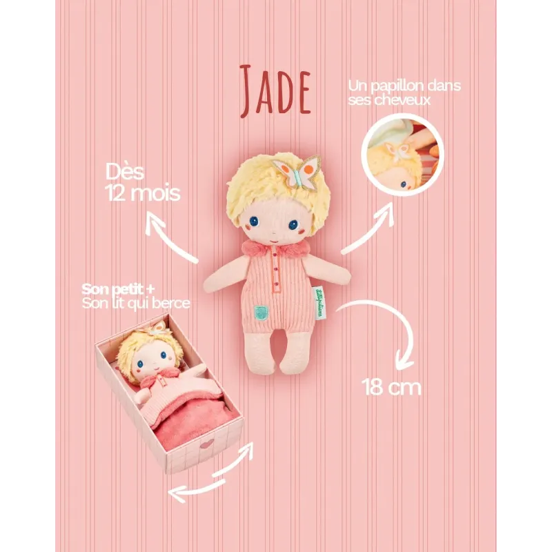 Mini Bébé Jade 18 cm | Stoffen pop met roze bedje