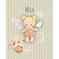 Baby Méla pop 21 cm met oranje poppenmand en flesje | Vanaf 12 maanden