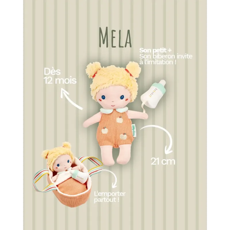 Baby Méla pop 21 cm met oranje poppenmand en flesje | Vanaf 12 maanden