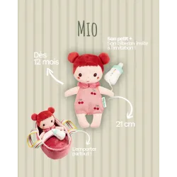 Baby Mio pop 21 cm met roze poppenmand en flesje | Vanaf 12 maanden