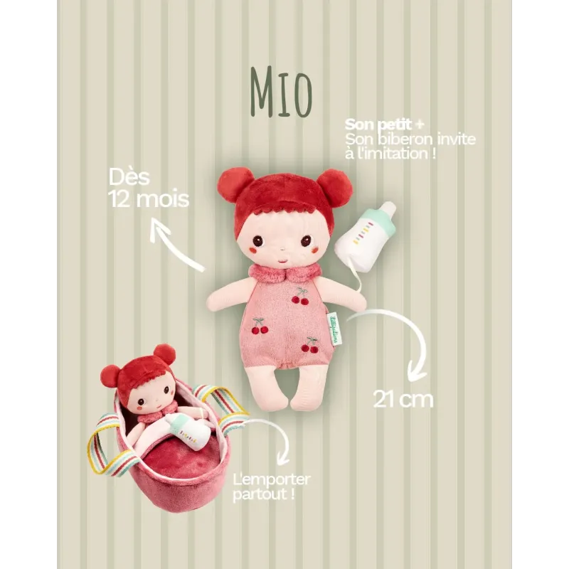 Baby Mio pop 21 cm met roze poppenmand en flesje | Vanaf 12 maanden