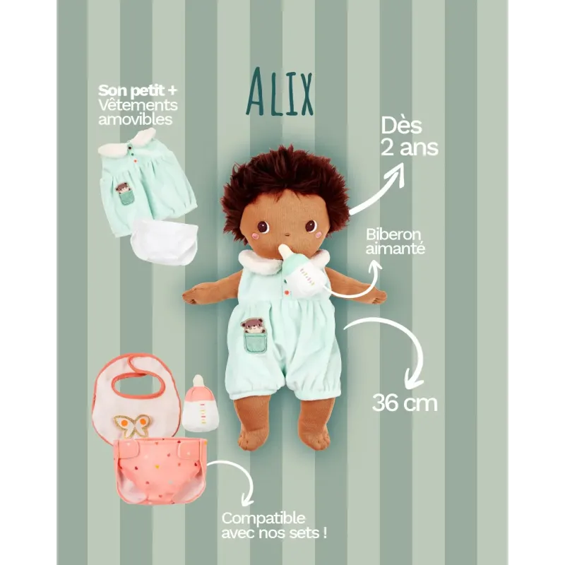 Stoffen babypop Alix 36 cm vanaf 2 jaar | Pop met flesje