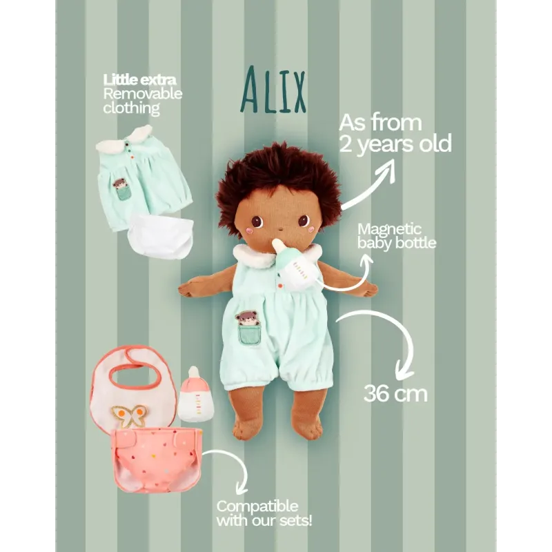 Stoffen babypop Alix 36 cm vanaf 2 jaar | Pop met flesje