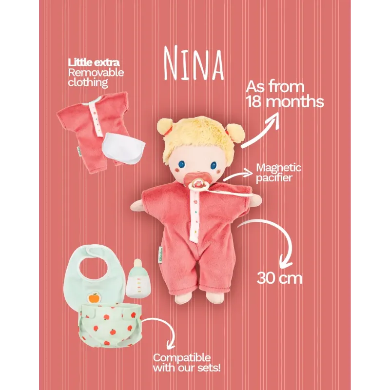 Poupon en tissu Nina 30 cm dès 18 mois | Poupée avec tétine