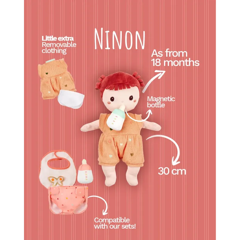 Poupon en tissu Ninon 30 cm dès 18 mois | Poupée avec biberon