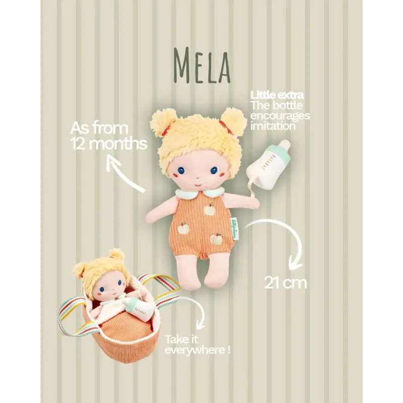 Baby Méla pop 21 cm met oranje poppenmand en flesje | Vanaf 12 maanden