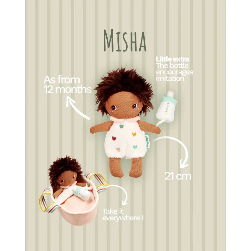 Babypop Bébé Misha 21 cm met roze poppenmand en flesje | Vanaf 12 maanden