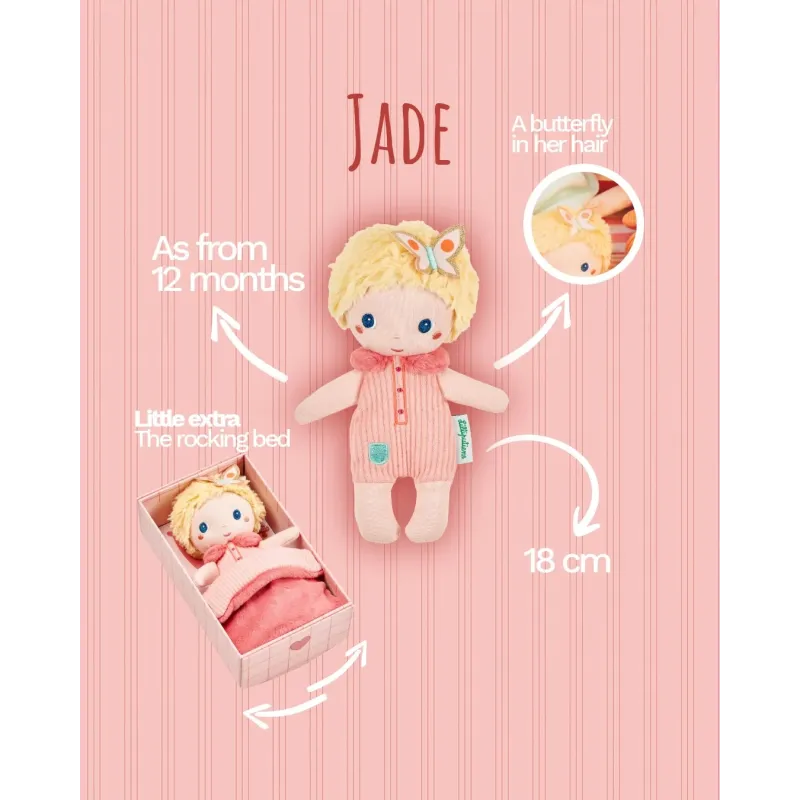 Mini Bébé Jade 18 cm | Stoffen pop met roze bedje