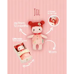 Mini Bébé Jil 18 cm | Stoffen pop met roze bedje
