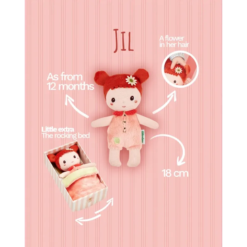 Mini Bébé Jil 18 cm | Stoffen pop met roze bedje